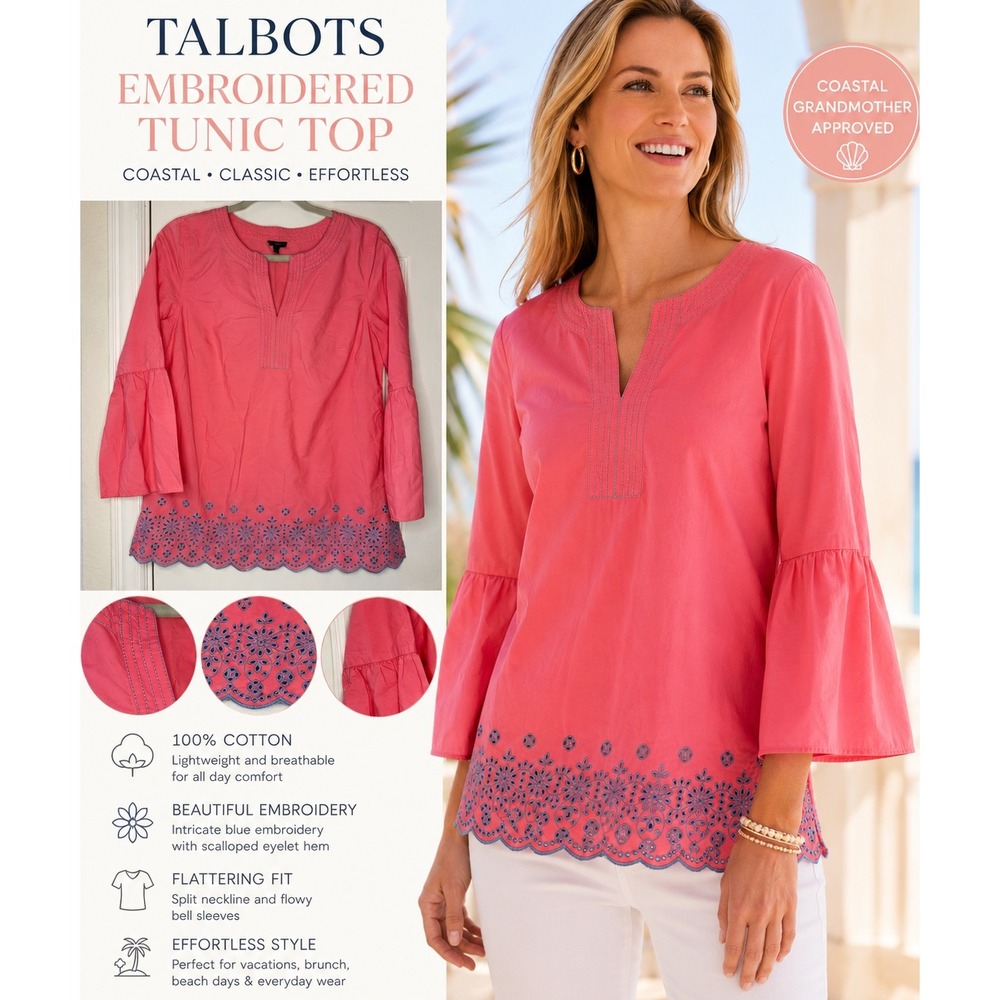 Talbots Pink Embroidered Tunic Top Cotton Bell Sleeve Coastal Preppy S